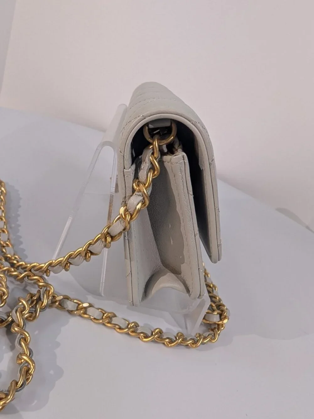 Chanel Light Grey Wallet on Chain (WOC) with Gold Charm